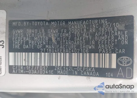 2010 Toyota Corolla S из США, поврежденный, VIN 2T1BU4EE8AC402106